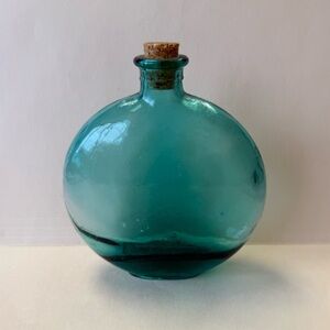 Vintage Thin Round Bulbous Teal Glass Bottle with Cork Stopper.
